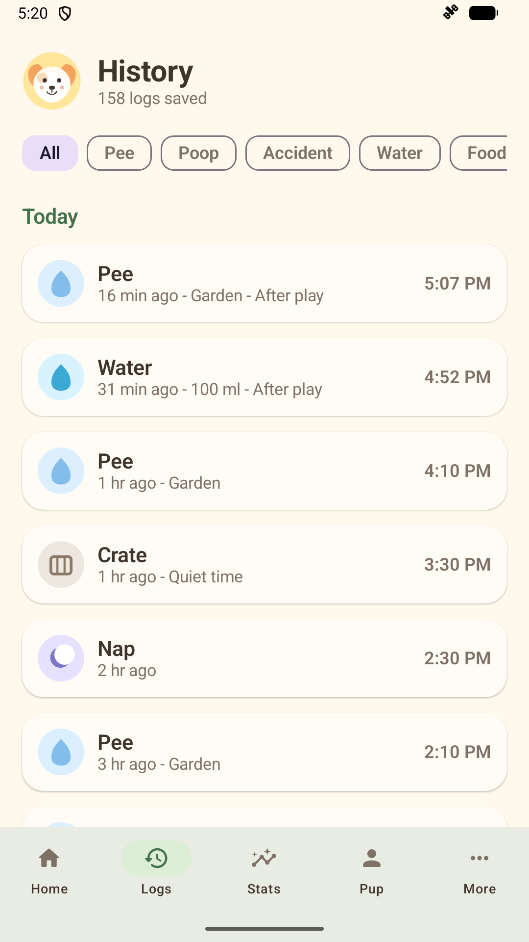 Training history with event filters and dated entries